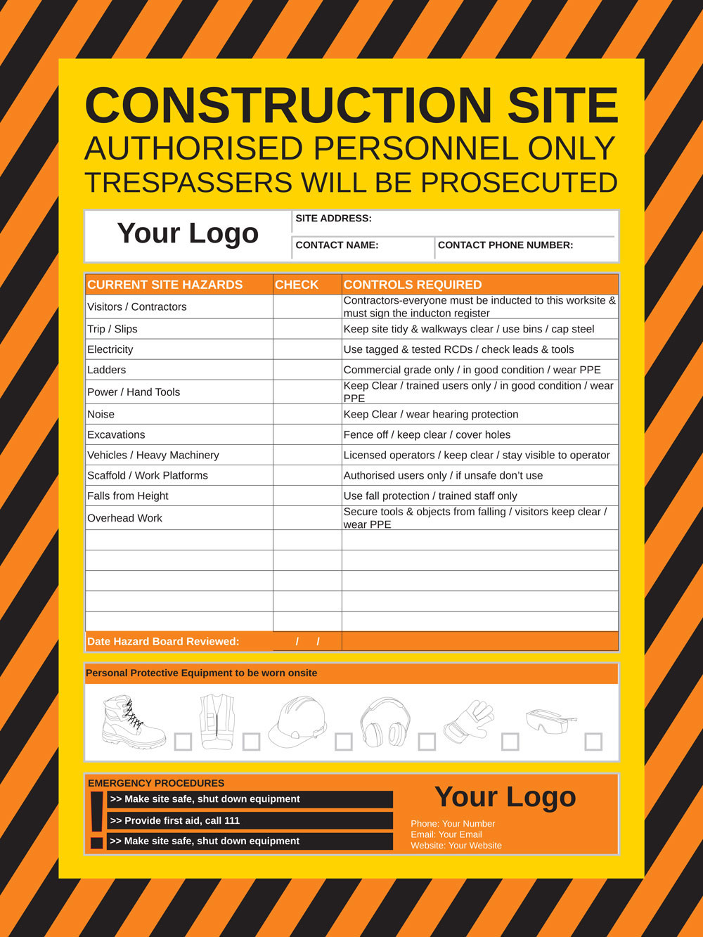 Hazard board customisable Health and Safety Signs