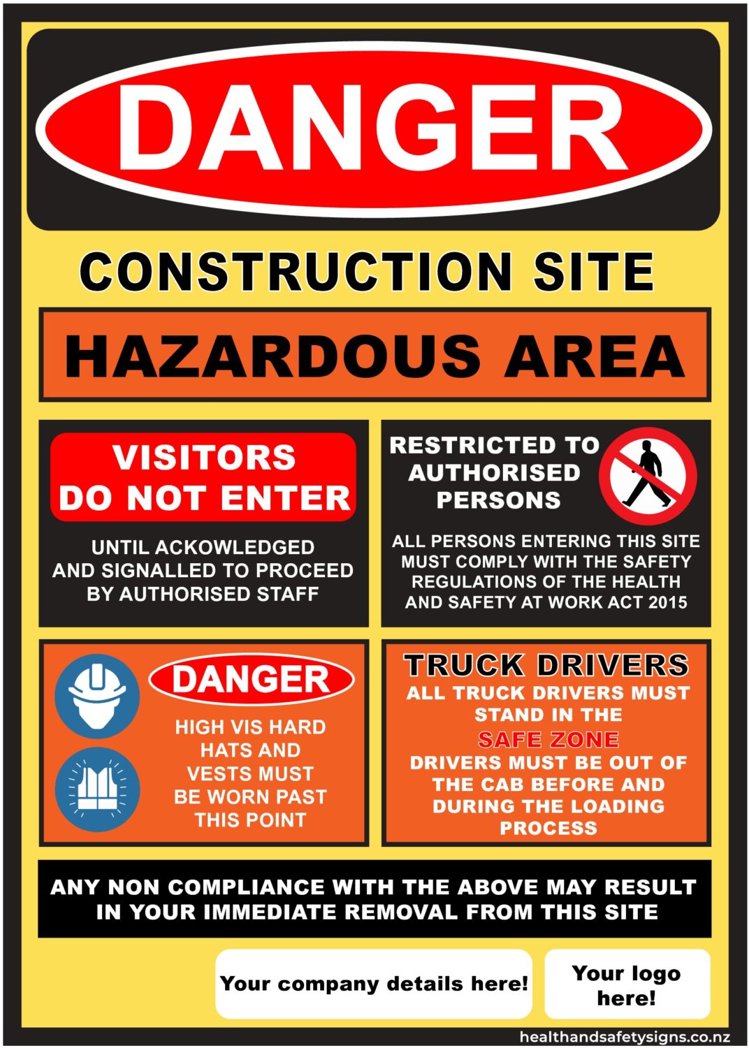Construction Site Hazardous Area Danger Sign - Health and Safety Signs